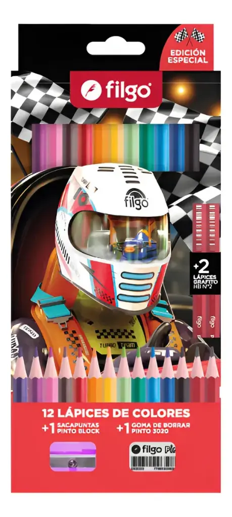 Lápices de colores Filgo Race x 12L + 2 grafito + goma y sacapunta