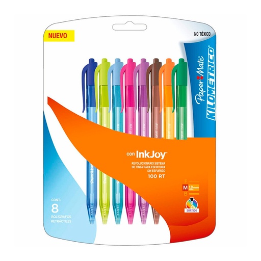 [PAPER100RTX8] Bolígrafo retráctil Paper Mate Kilométrico 100 RT, blister de 8 colores