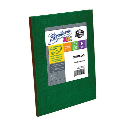 [ABC1923V48AUR] Cuaderno Araña Rivadavia ABC Aula tapa dura verde, 19 x 23cm. 50 hojas rayadas raya grande