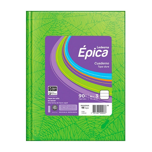 [EPICA3VDEM48R] Cuaderno Épica N°3  Araña verde manazana, 19x24cm. 48 hojas rayadas