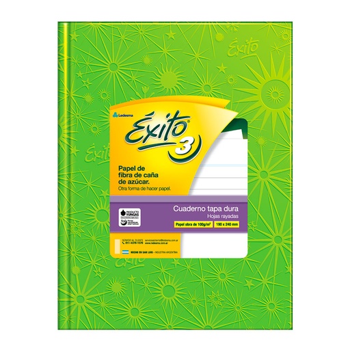 [EXITO3UVE100] Cuaderno Éxito Universo N°3, tapa de cartón verde, 19 x 23cm. 100 hojas rayadas