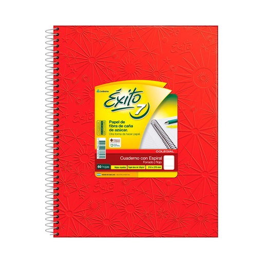 [EXITO7ROJO60R] Cuaderno espiralado Éxito Universo, tapa de cartón forrada roja, 21 x 27cm. 60 hojas rayadas