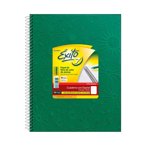 [EXITO7VERD60R] Cuaderno espiralado Éxito Universo, tapa de cartón forrada verde, 21 x 27cm. 60 hojas rayadas