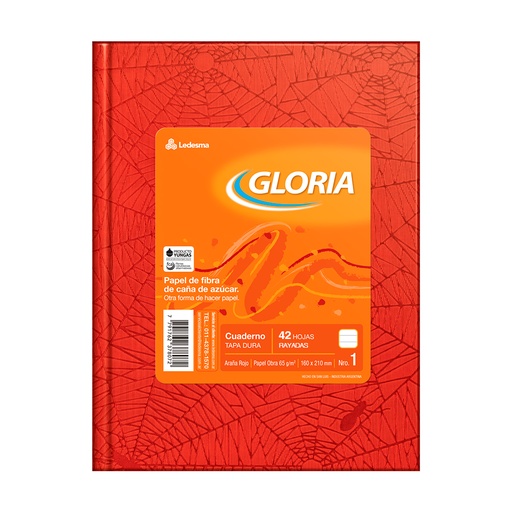 [GLORIAROJ42R] Cuaderno Araña Gloria tapa dura rojo, 16 x 21cm. 42 hojas rayadas