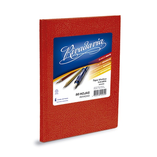[RIVTCROJO98R] Cuaderno Araña Rivadavia tapa dura rojo, 16 x 21cm. 98 hojas rayadas