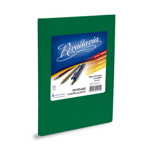 [RIVTCVERD50C] Cuaderno Araña Rivadavia tapa dura verde, 16 x 21cm. 50 hojas cuadriculadas