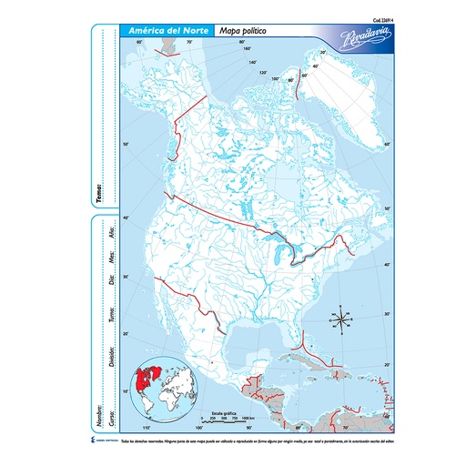 [RIVMAPAMNP3] Mapa América del Norte político Rivadavia N°3, block de 40 mapas