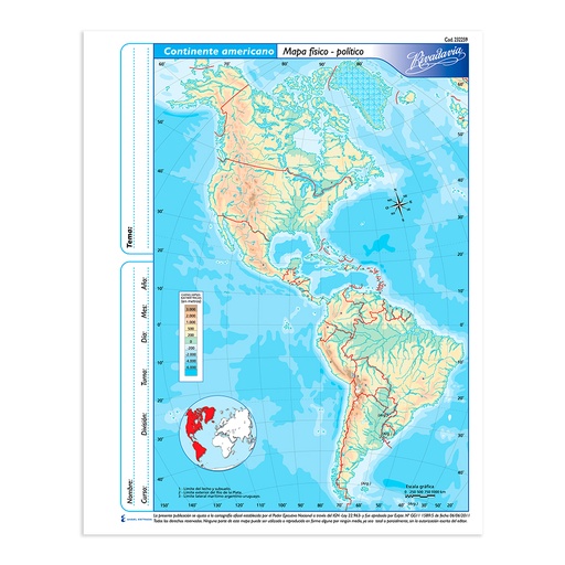 [RIVMAPCTEFP3] Mapa Continente Americano físico político Rivadavia N°3, block de 40 mapas
