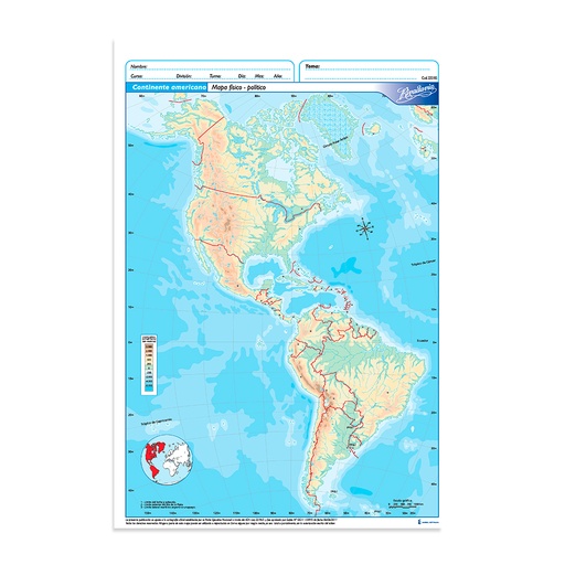 [RIVMAPCTEFP5] Mapa Continente Americano físico político Rivadavia N°5, block de 20 mapas