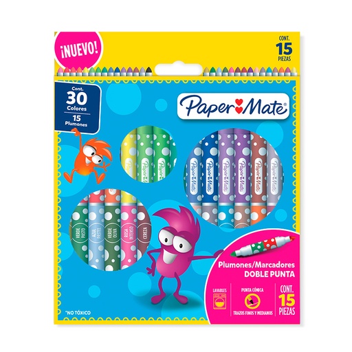 [PAPERMAR2PX15] Marcadores al agua de doble punta Paper Mate, pack  de 15 unidades = 30 colores