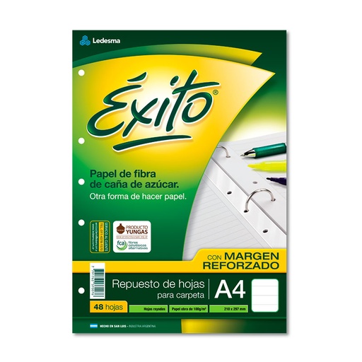 [EXITOREA448R] Repuesto con Margen Reforzado Éxito Ecológico A4, 48 hojas rayadas