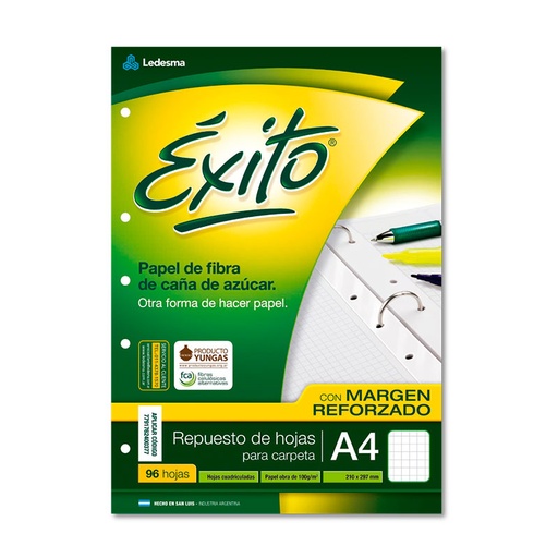 [EXITOREA496C] Repuesto con Margen Reforzado Éxito Ecológico A4, 96 hojas cuadriculadas
