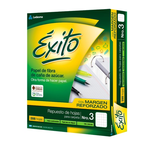 [EXITOREF288C] Repuesto con Margen Reforzado Éxito Ecológico N°3, 288 hojas cuadriculadas