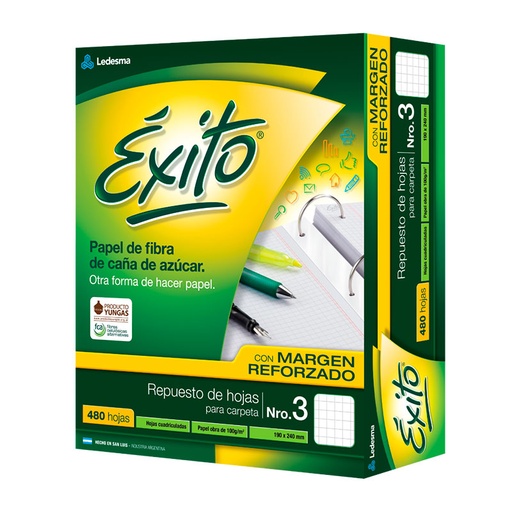 [EXITOREF480C] Repuesto con Margen Reforzado Éxito Ecológico N°3, 480 hojas cuadriculadas