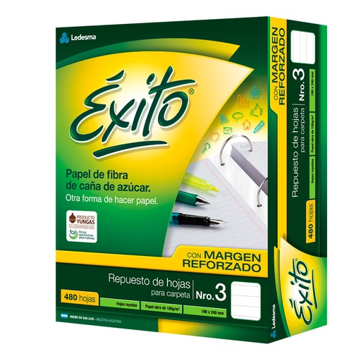 [EXITOREF480R] Repuesto con Margen Reforzado Éxito Ecológico N°3, 480 hojas rayadas