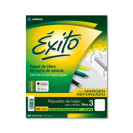 [EXITOREF48C] Repuesto con Margen Reforzado Éxito Ecológico N°3, 48 hojas cuadriculadas