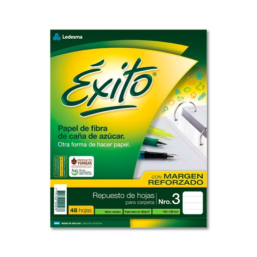 [EXITOREF48R] Repuesto con Margen Reforzado Éxito Ecológico N°3, 48 hojas rayadas