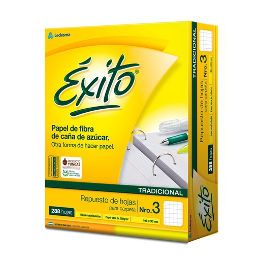 [EXITOREP288C] Repuesto Éxito Ecológico N°3, 288 hojas cuadriculadas