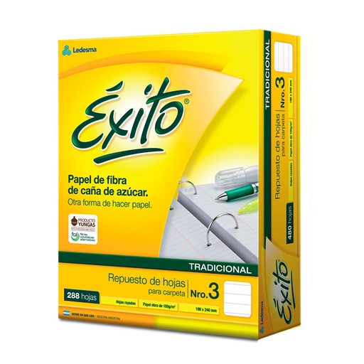 [EXITOREP288R] Repuesto Éxito Ecológico N°3, 288 hojas rayadas
