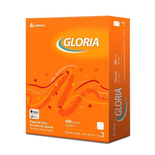 [GLORIARE480R] Repuesto Gloria N°3, 480 hojas rayadas