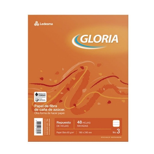 [GLORIAREP48R] Repuesto Gloria N°3, 48 hojas rayadas