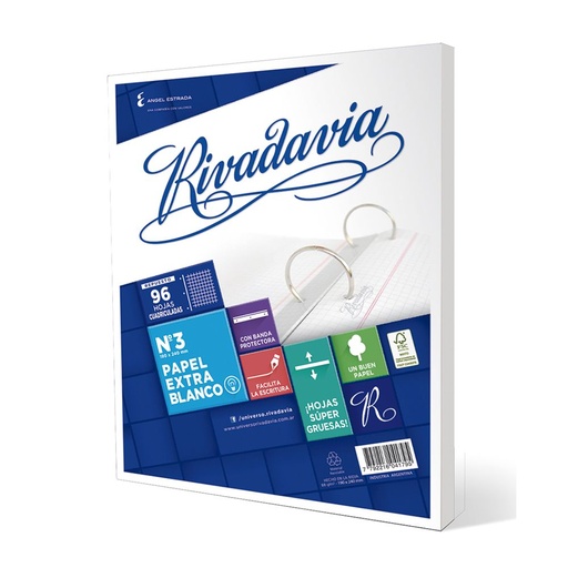 [RIVEB96CUAD] Repuesto Rivadavia Extra Blanco, 96 hojas cuadriculadas