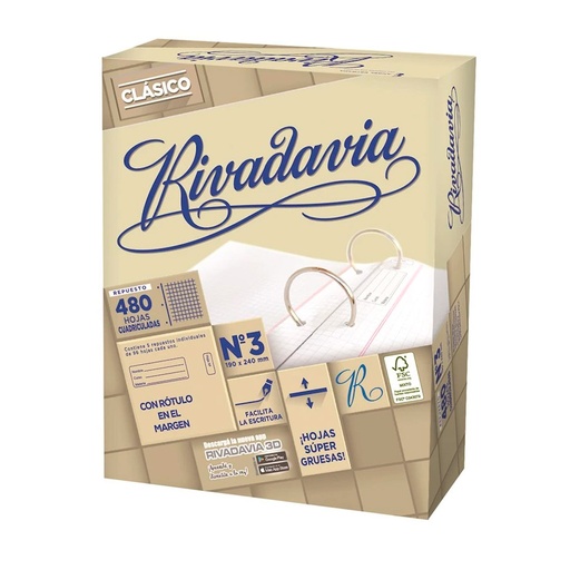 [RIVEXB480CLC] Repuesto Rivadavia Clásico Extra Blanco, 480 h. cuadriculadas