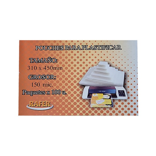 [RAFERPA3X100] Sobre para plastificado, 150 micrones Rafer, 310 x 440mm. pack de 100 unidades