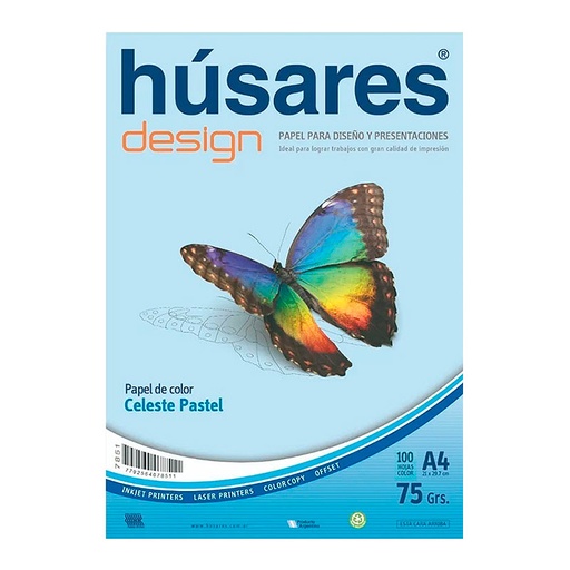 [HUSARES7851] Resma Húsares Design A4 75g. 100 Hs celeste 7851