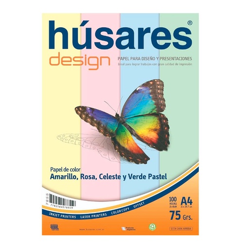 [HUSARES7855] Resma Húsares Design A4 75g. 100 Hs. 4 colores 7855