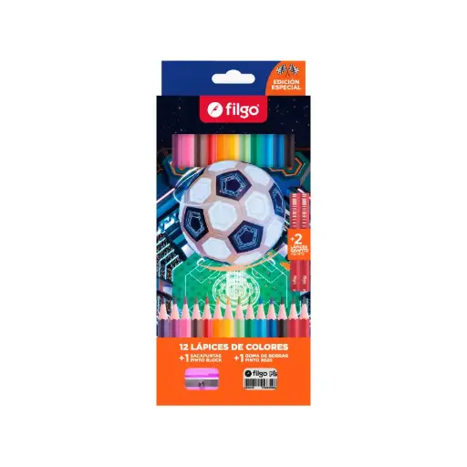 [FILGOFUTBOL12] Lápices de colores Filgo Futbol x 12L + 2 grafito + goma y sacapunta